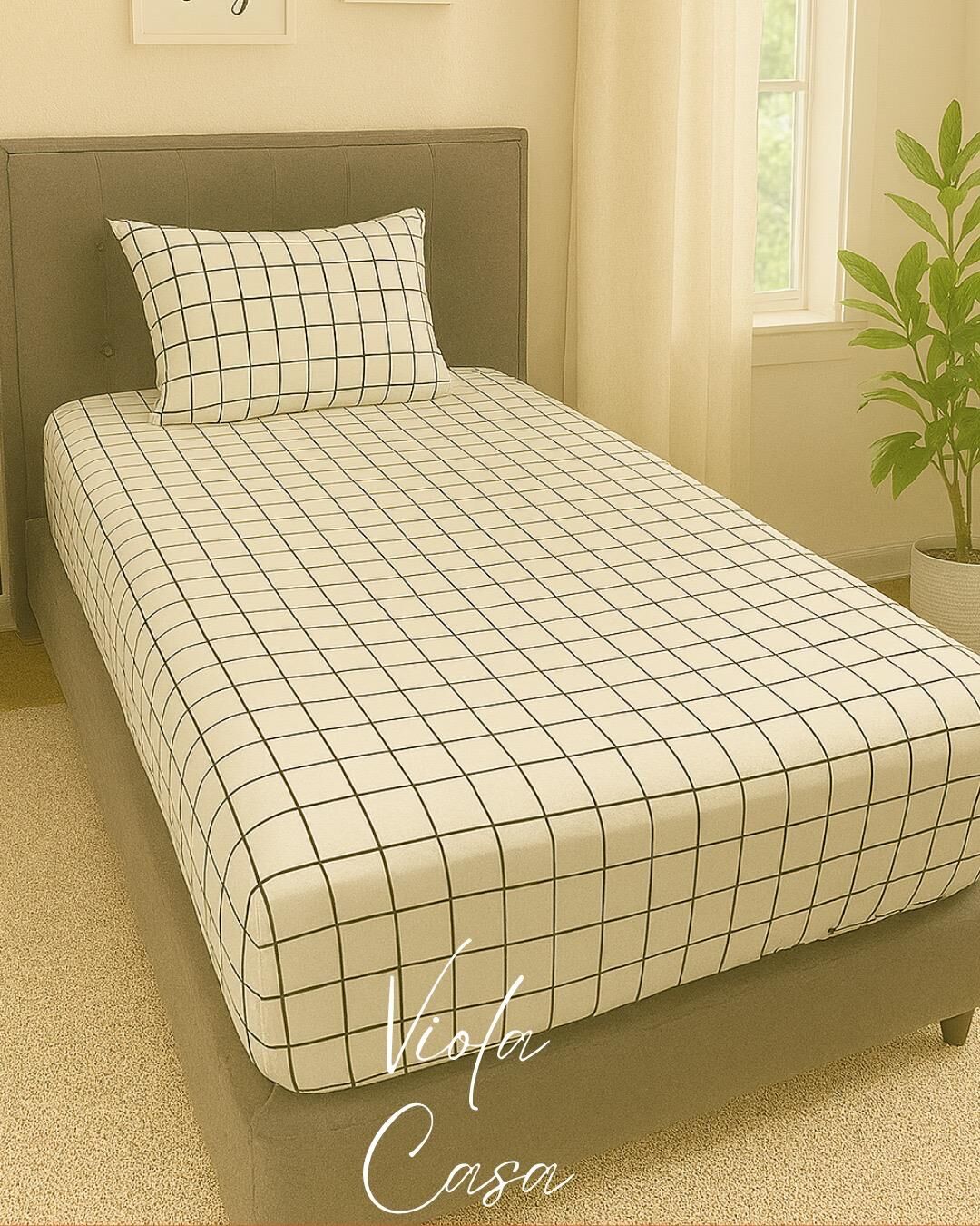 Violacasa Tek Kişilik Lastikli Çarşaf 100x200cm Yastıklı Beyaz Kare