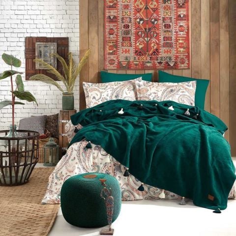 İyi Geceler İstanbul Boho Chic Çift Kişilik Battaniye & Nevresim Seti Haki Yeşil