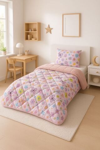 Tekstil Diyarı Tek Kişilik Çift Taraflı Welsoft Yorgan Pudra Flower