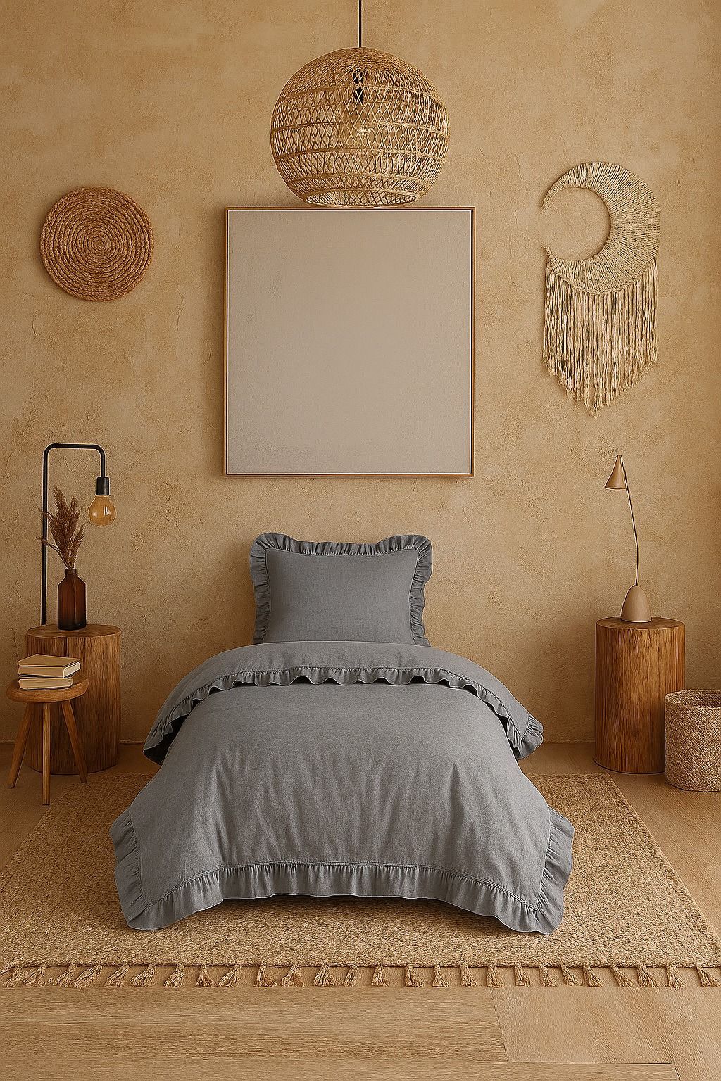 Tek Kişilik Fırfırlı Nevresim Takımı Prıvate ( Lastikli Çarşaflı ) Gri