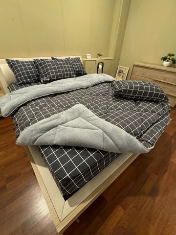 Çift Kişilik Welsoft Pufidik Uyku Seti Antrasit Kare (Lastikli Çarşaflı)