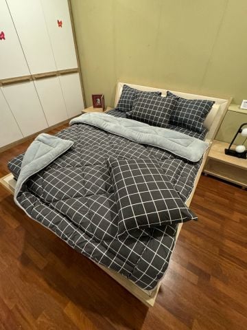 Çift Kişilik Welsoft Pufidik Uyku Seti Antrasit Kare (Lastikli Çarşaflı)