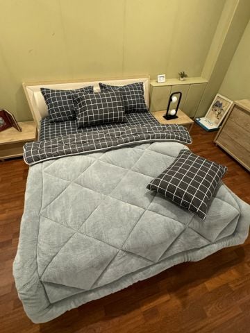 Çift Kişilik Welsoft Pufidik Uyku Seti Antrasit Kare (Lastikli Çarşaflı)