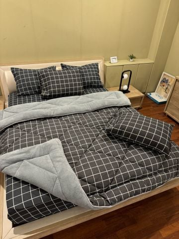 Çift Kişilik Welsoft Pufidik Uyku Seti Antrasit Kare (Lastikli Çarşaflı)