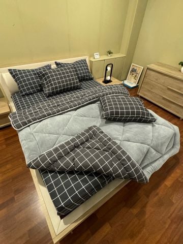 Çift Kişilik Welsoft Pufidik Uyku Seti Antrasit Kare (Lastikli Çarşaflı)