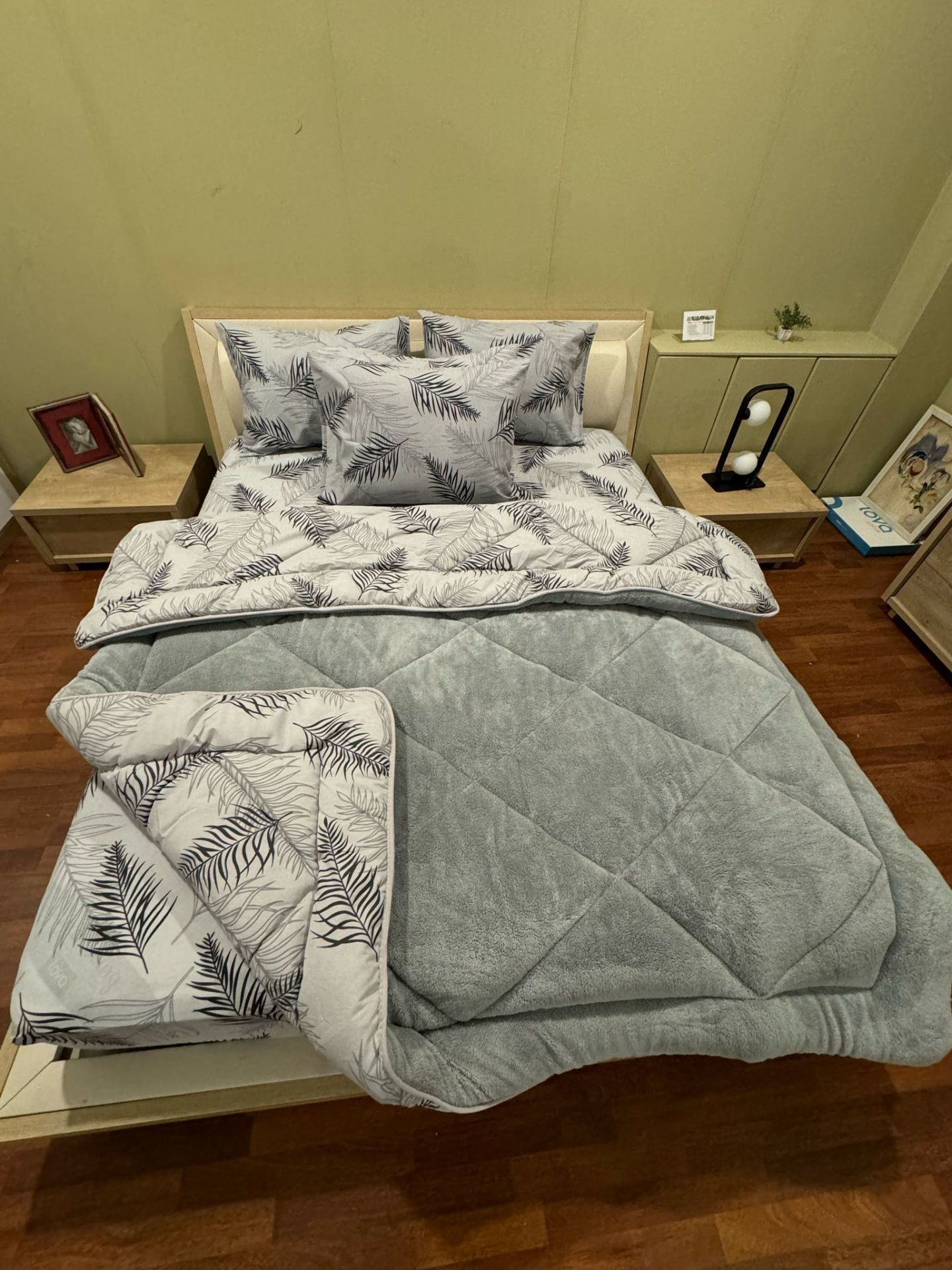 Çift Kişilik Welsoft  Pufidik Uyku Seti Gri Tüy (Lastikli Çarşaflı)