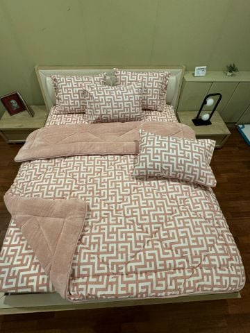 Çift Kişilik Welsoft Pufidik Uyku Seti Pudra Labirent (Lastikli Çarşaflı)