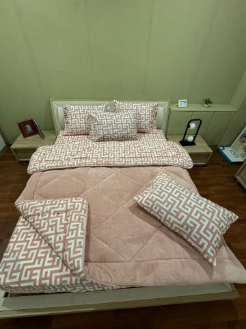 Çift Kişilik Welsoft Pufidik Uyku Seti Pudra Labirent (Lastikli Çarşaflı)