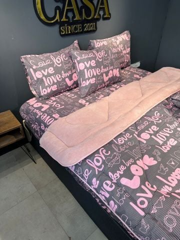 Çift Kişilik Welsoft  Pufidik Uyku Seti Pudra Love (Lastikli Çarşaflı)