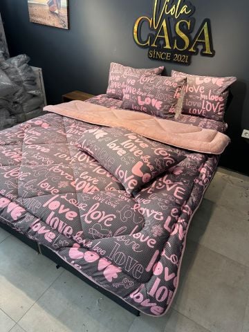 Çift Kişilik Welsoft  Pufidik Uyku Seti Pudra Love (Lastikli Çarşaflı)