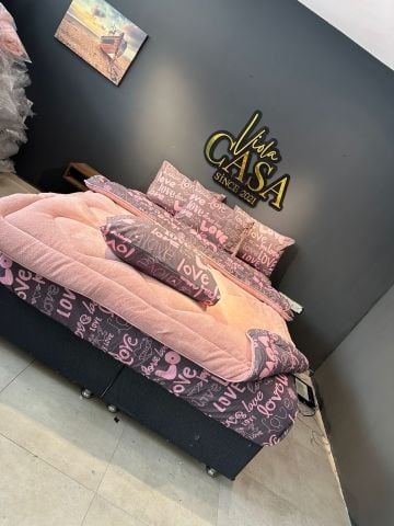 Çift Kişilik Welsoft  Pufidik Uyku Seti Pudra Love (Lastikli Çarşaflı)