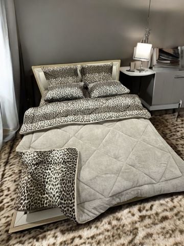 Çift Kişilik Welsoft Pufidik Uyku Seti Bej Leopar (Lastikli Çarşaflı)