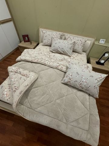 Çift Kişilik Welsoft Pufidik Uyku Seti Bej Etnik (Lastikli Çarşaflı)