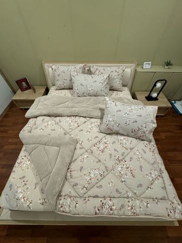 Çift Kişilik Welsoft Pufidik Uyku Seti Bej Etnik (Lastikli Çarşaflı)