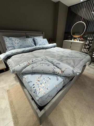 Çift Kişilik Welsoft Pufidik Uyku Seti Gri Mavi Etnik (Lastikli Çarşaflı)