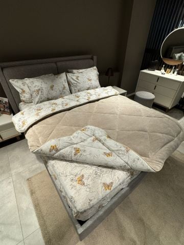 Çift Kişilik Welsoft Pufidik Uyku Seti Bej Kelebek (Lastikli Çarşaflı)