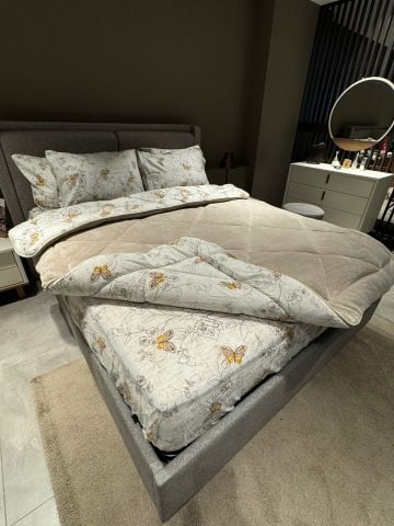 Çift Kişilik Welsoft Pufidik Uyku Seti Bej Kelebek (Lastikli Çarşaflı)