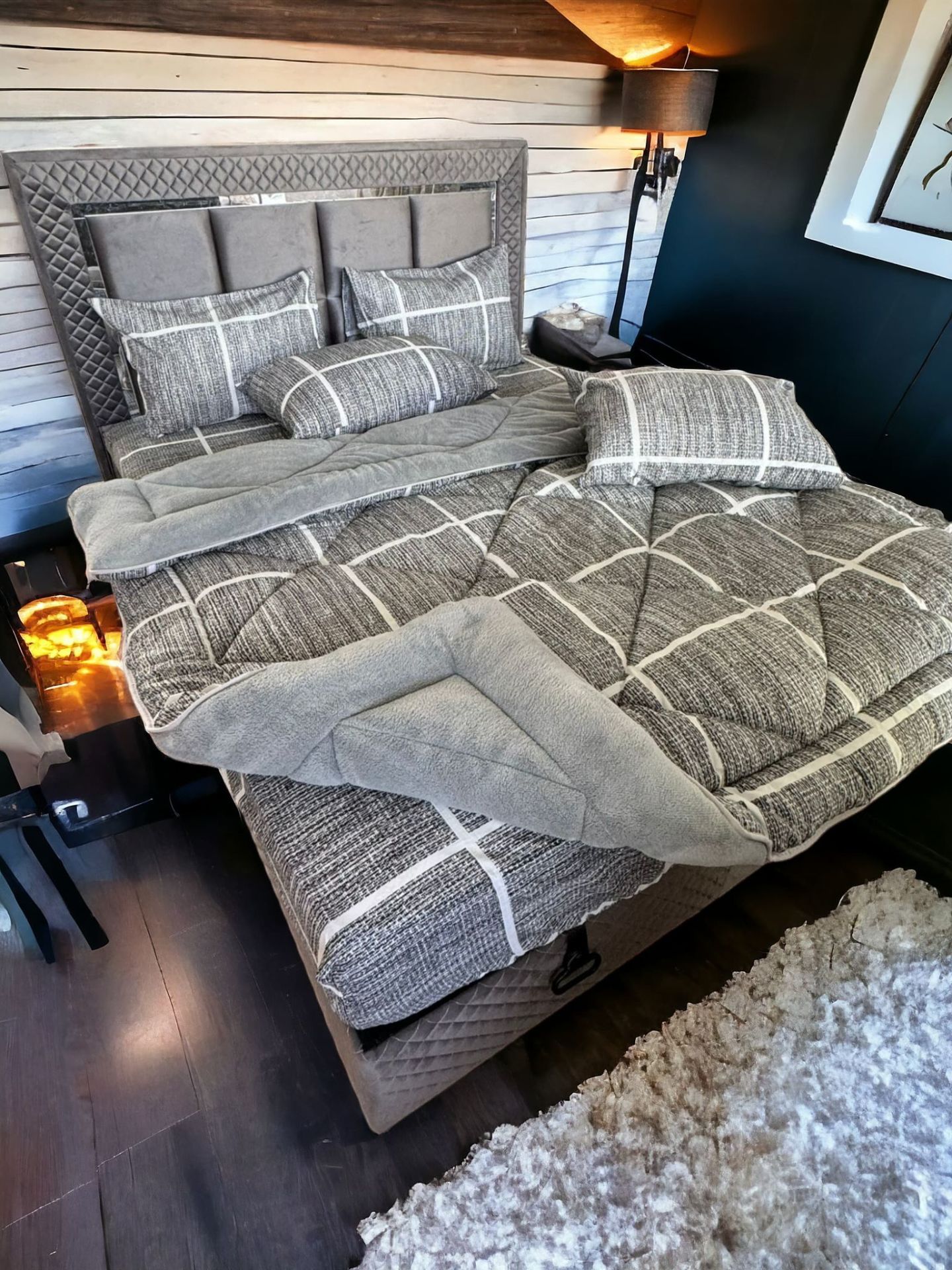 Çift Kişilik Welsoft Pufidik Uyku Seti Gri Çizgili (Lastikli Çarşaflı)