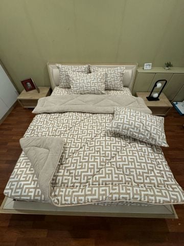 Çift Kişilik Welsoft Pufidik Uyku Seti Bej Labirent (Lastikli Çarşaflı)