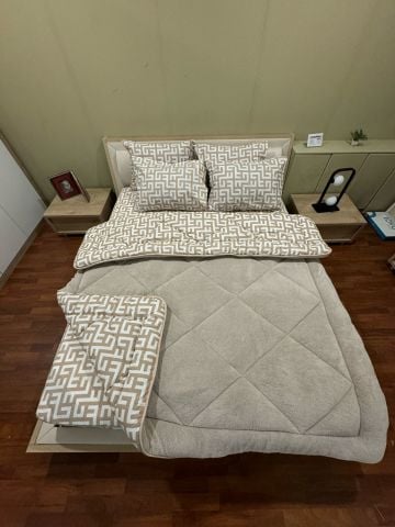 Çift Kişilik Welsoft Pufidik Uyku Seti Bej Labirent (Lastikli Çarşaflı)