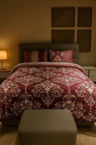 Ünlü Markaların Outlet Çarşaf Lastiksiz Uyku Seti Damask Bordo