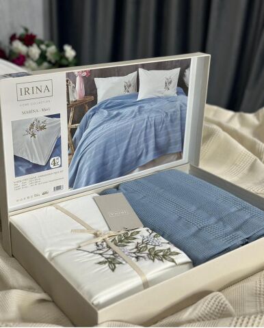 İrina %100 Pamuk Nakışlı Pike Takımı Marina Mavi
