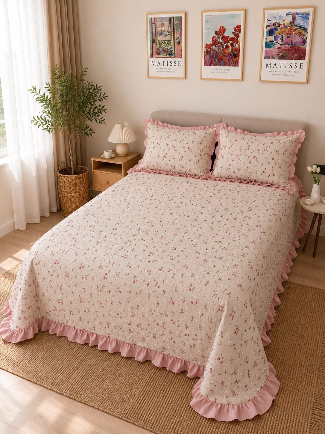 Battal Boy Fırfırlı %100 Pamuk Pike Seti Flowes Pudra