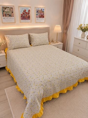 Battal Boy Fırfırlı %100 Pamuk Pike Seti Flowes Sarı