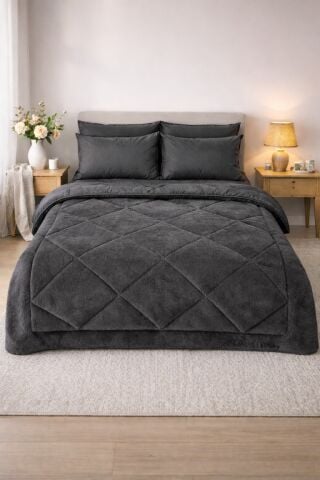 Exclusive Çift Kişilik Welsoft Pufidik Uyku Seti (Lastikli Çarşaflı) Antrasit