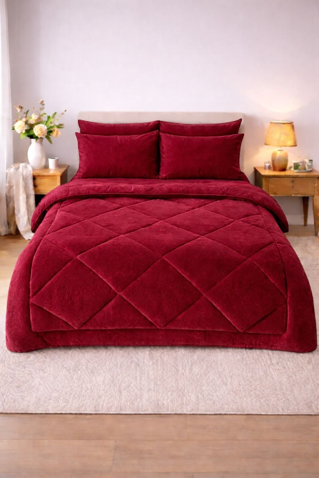 Exclusive Çift Kişilik Welsoft Pufidik Uyku Seti (Lastikli Çarşaflı) Bordo