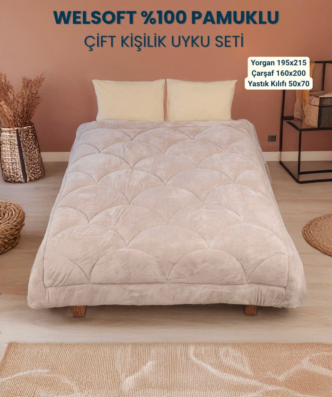 Exclusive Midye Çift Kişilik Welsoft Pufidik Uyku Seti (Lastikli Çarşaflı) Bej
