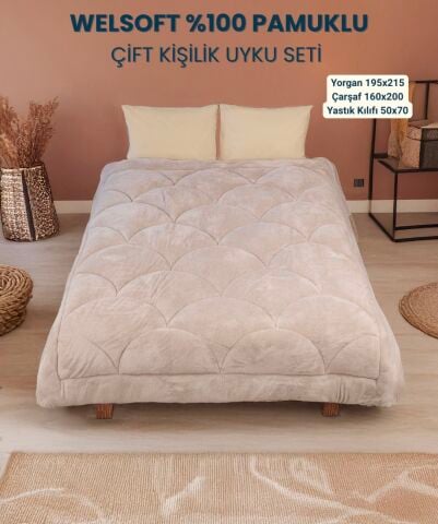 Exclusive Midye Çift Kişilik Welsoft Pufidik Uyku Seti (Lastikli Çarşaflı) Bej