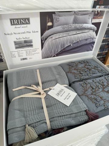 İrina Nakışlı Nevresimli Pike Takımı Sofia İndigo