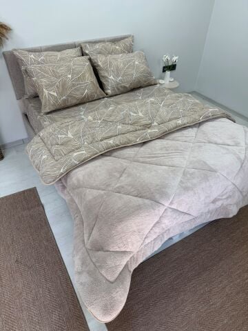 Çift Kişilik Welsoft Pufidik Uyku Seti Bej Yaprak (Lastikli Çarşaflı)
