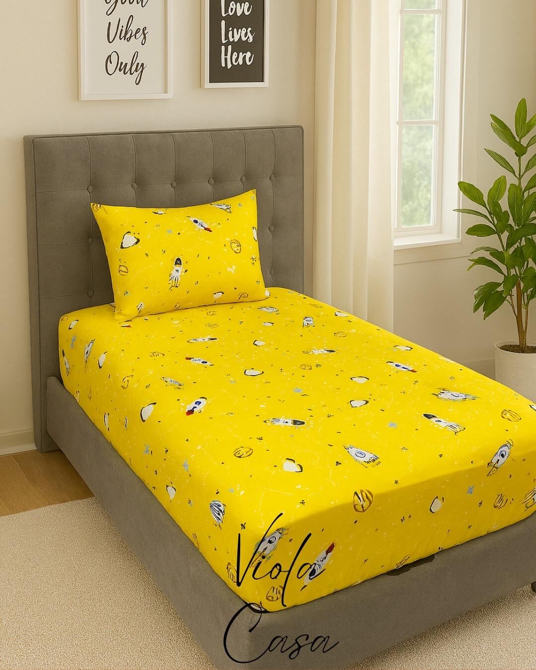 Violacasa Tek Kişilik Lastikli Çarşaf 100x200cm Yastıklı Sarı Uzay