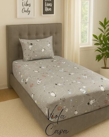 Violacasa Tek Kişilik Lastikli Çarşaf 100x200cm Yastıklı Gri Uzay