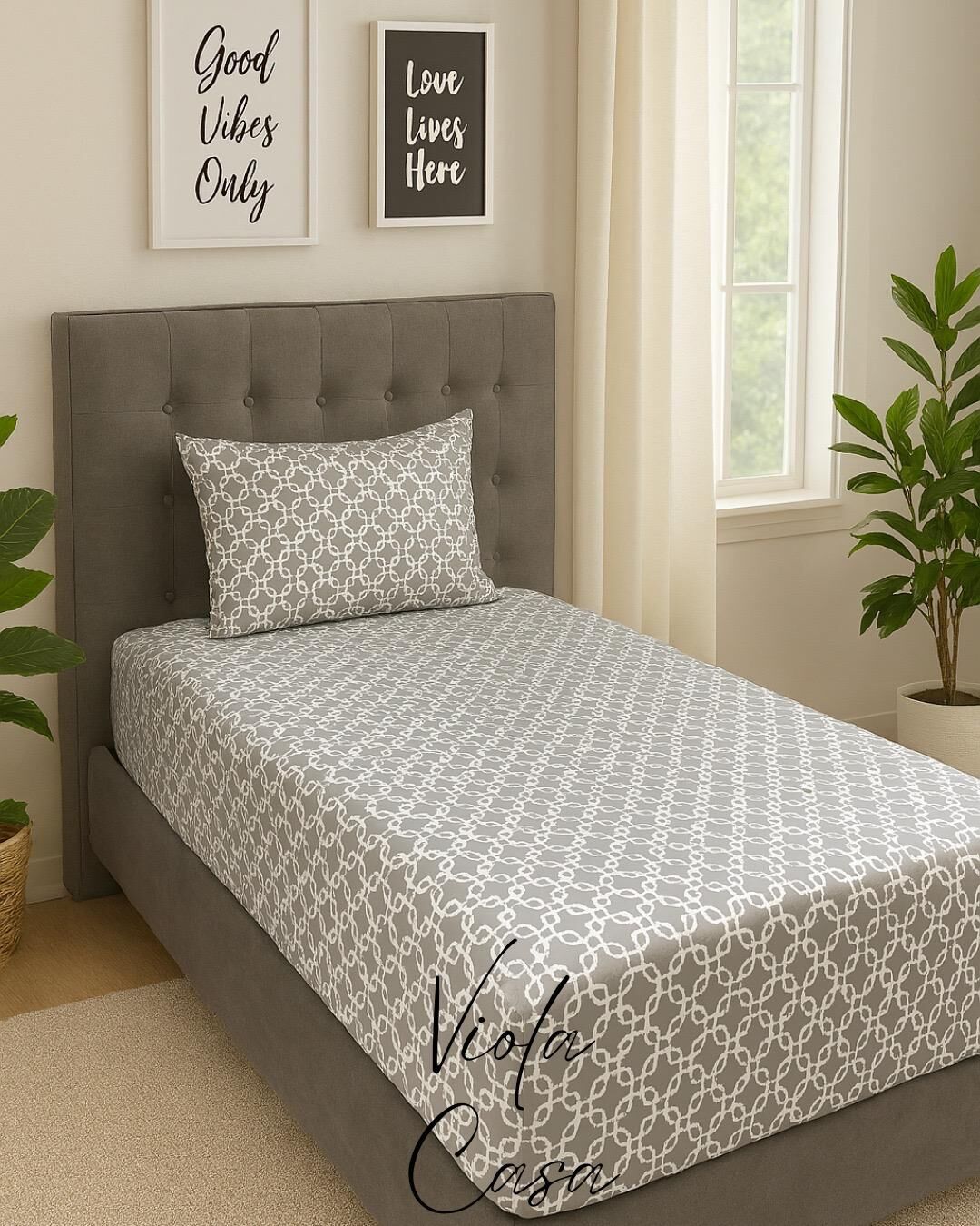 Violacasa Tek Kişilik Lastikli Çarşaf 100x200cm Yastıklı Gri Zincir