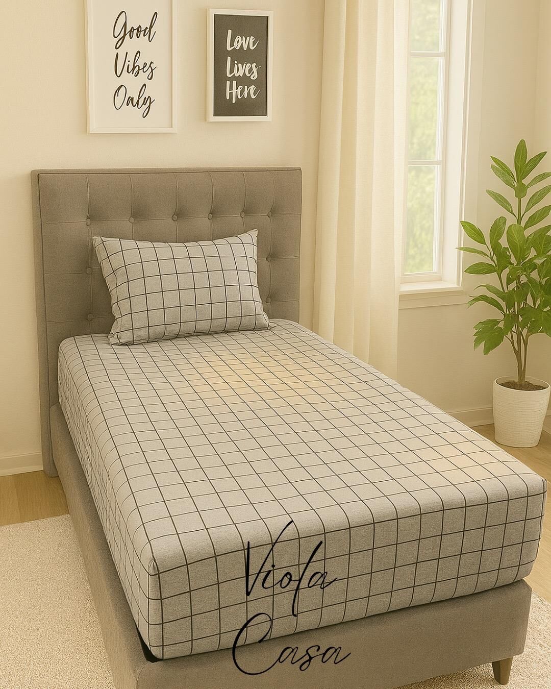 Violacasa Tek Kişilik Lastikli Çarşaf 100x200cm Yastıklı Füme Kare