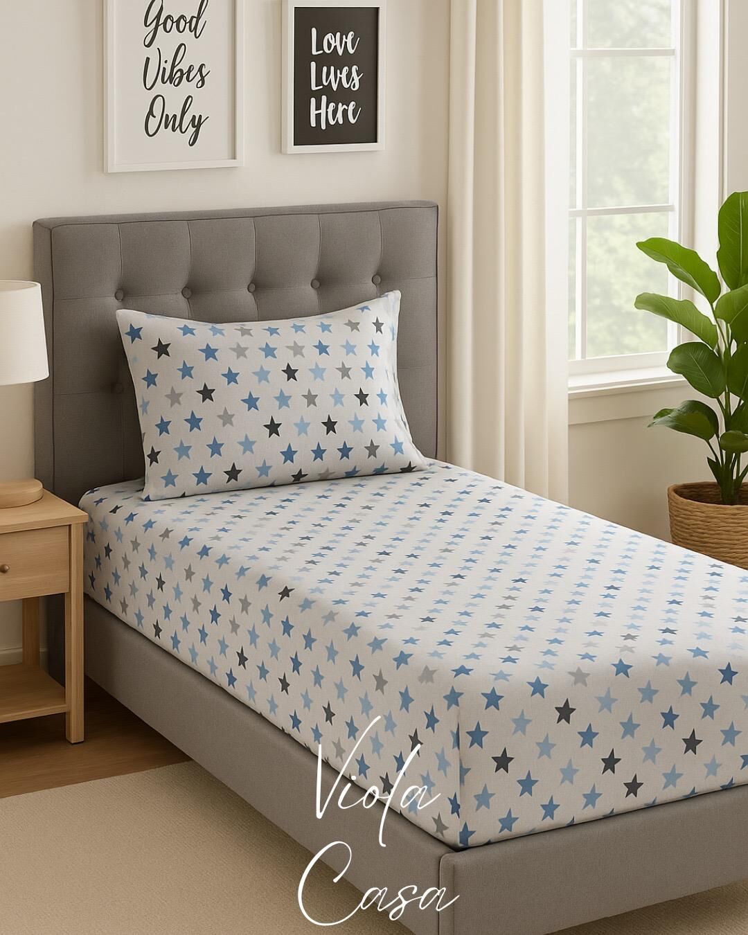 Violacasa Tek Kişilik Lastikli Çarşaf 100x200cm Yastıklı Mavi Yıldız