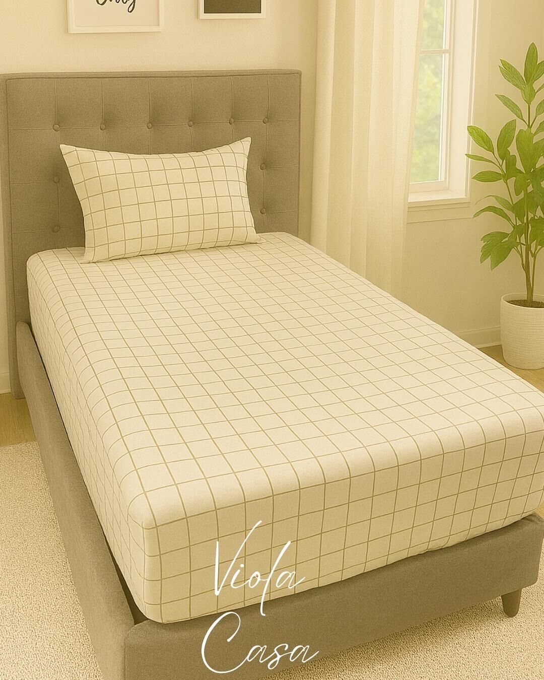 Violacasa Tek Kişilik Lastikli Çarşaf 100x200cm Yastıklı Krem Kare