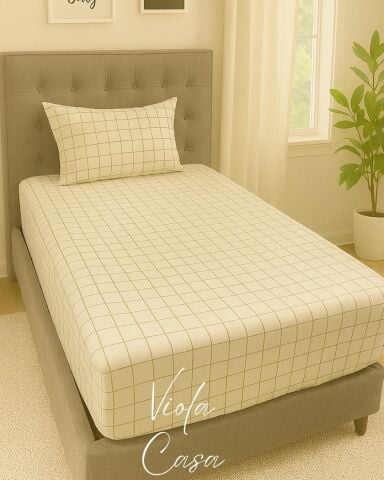 Violacasa Tek Kişilik Lastikli Çarşaf 100x200cm Yastıklı Krem Kare