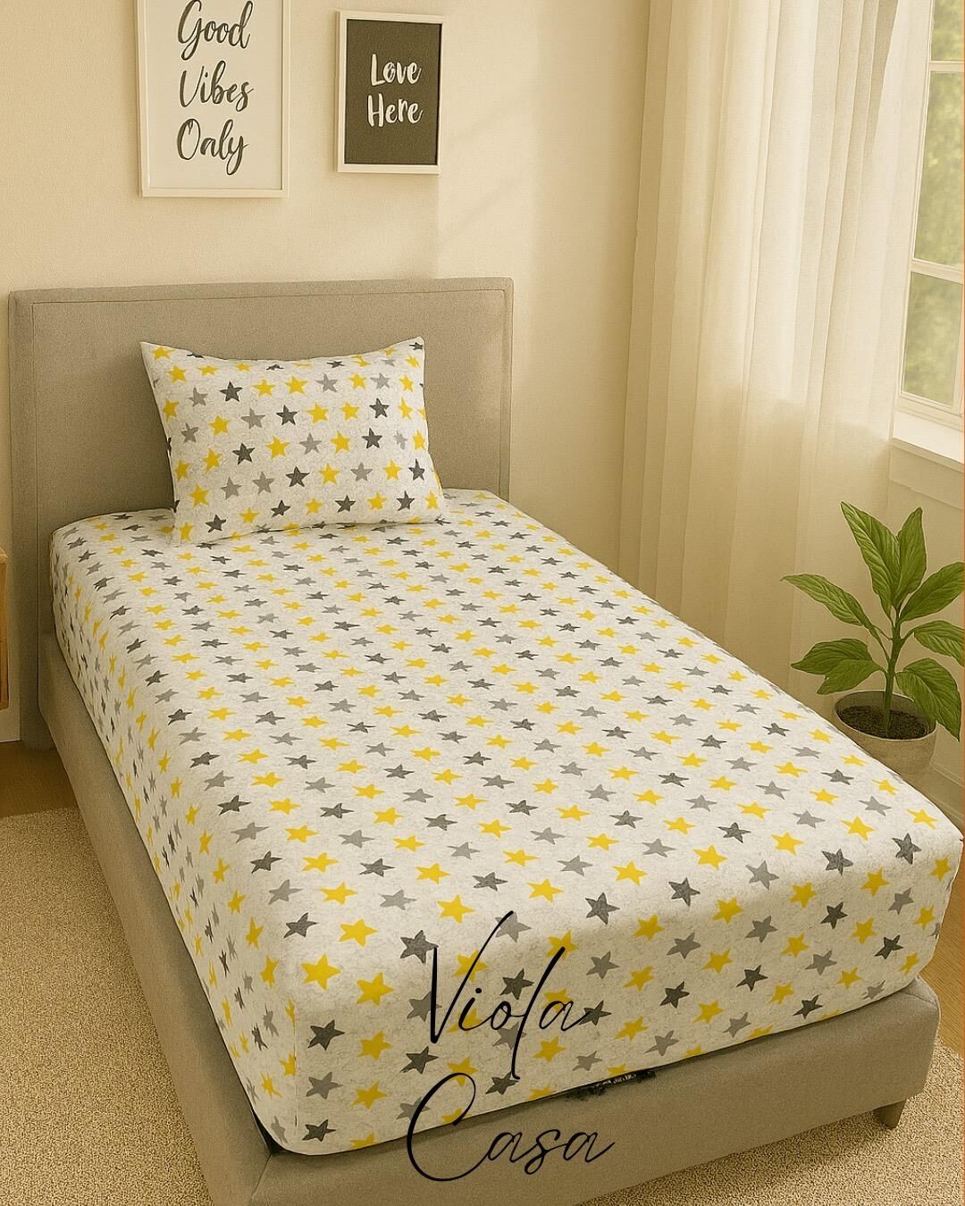 Violacasa Tek Kişilik Lastikli Çarşaf 100x200cm Yastıklı Sarı Yıldız