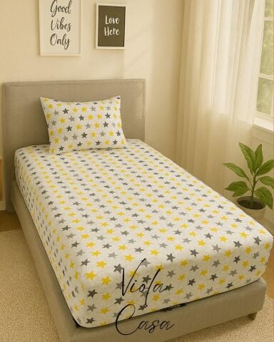 Violacasa Tek Kişilik Lastikli Çarşaf 100x200cm Yastıklı Sarı Yıldız