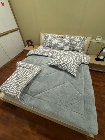 Çift Kişilik Welsoft Pufidik Uyku Seti Gri Labirent (Lastikli Çarşaflı)