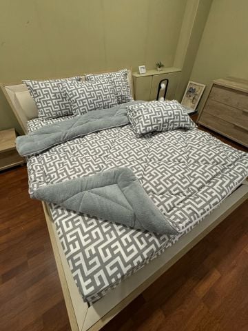 Çift Kişilik Welsoft Pufidik Uyku Seti Gri Labirent (Lastikli Çarşaflı)