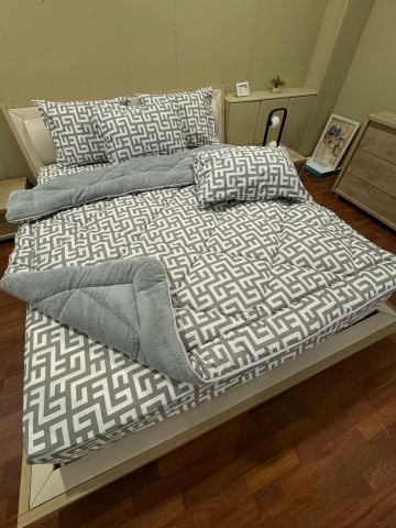 Çift Kişilik Welsoft Pufidik Uyku Seti Gri Labirent (Lastikli Çarşaflı)