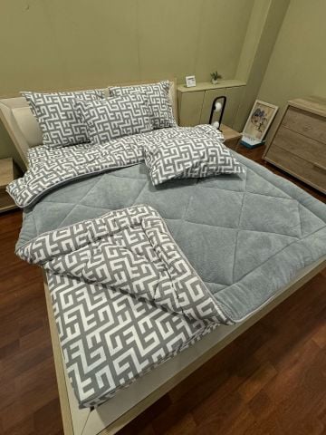 Çift Kişilik Welsoft Pufidik Uyku Seti Gri Labirent (Lastikli Çarşaflı)