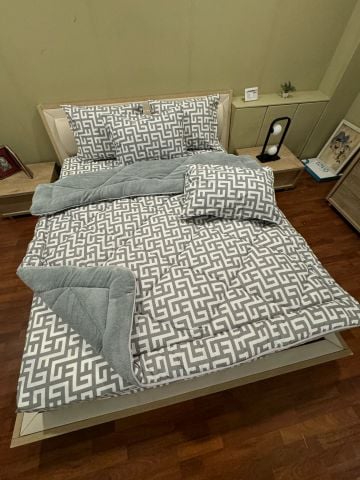 Çift Kişilik Welsoft Pufidik Uyku Seti Gri Labirent (Lastikli Çarşaflı)