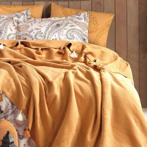 İyi Geceler İstanbul Boho Chic Çift Kişilik Battaniye & Nevresim Seti Hardal