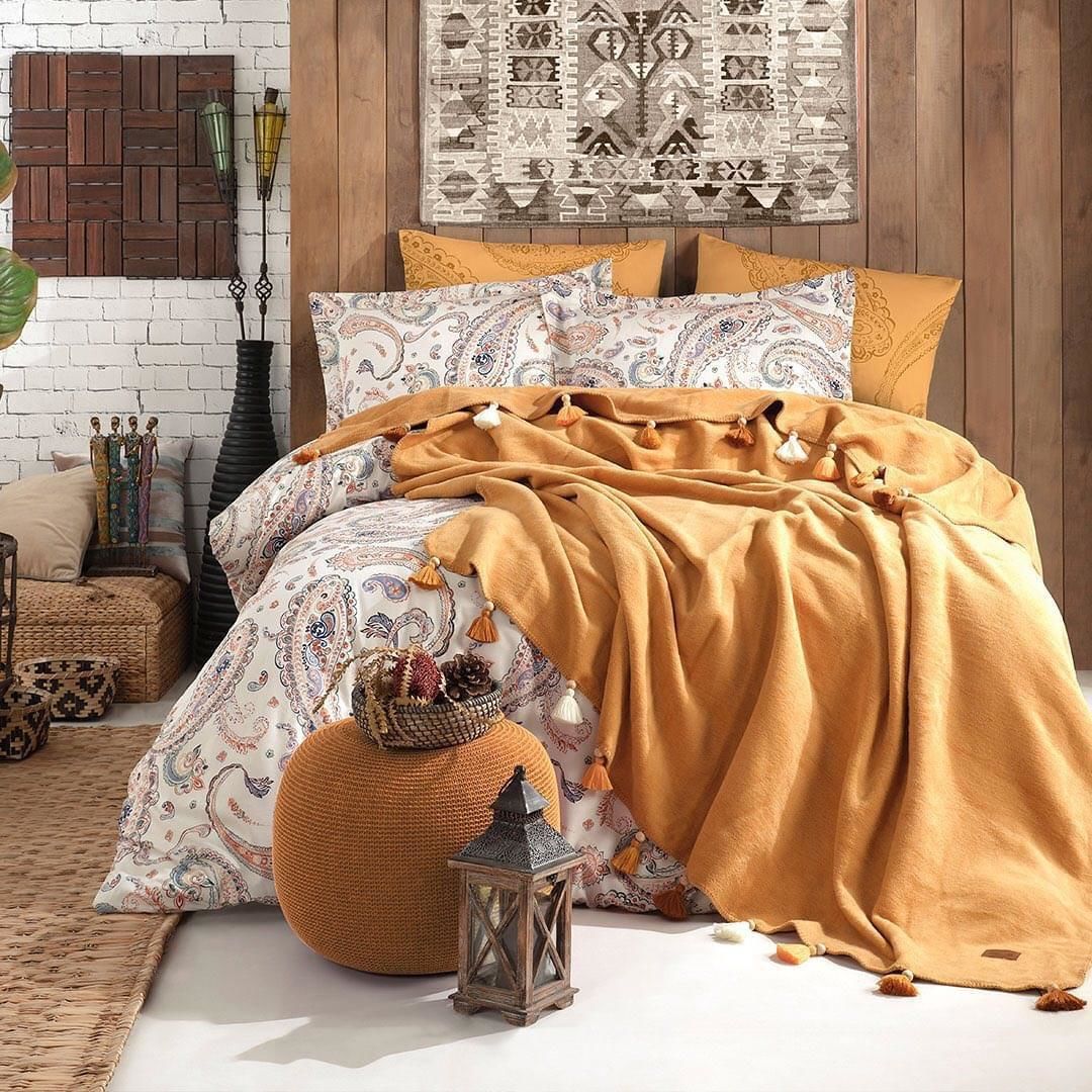 İyi Geceler İstanbul Boho Chic Çift Kişilik Battaniye & Nevresim Seti Hardal
